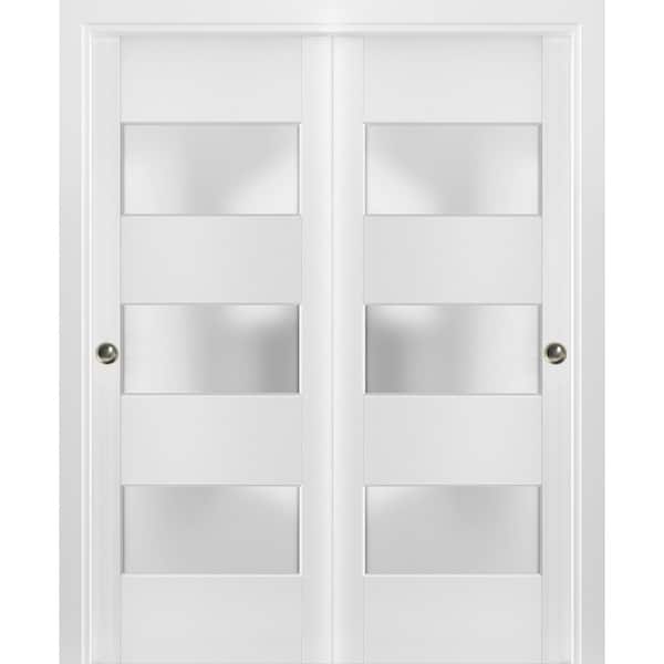 Sartodoors 4070 72 in. x 96 in. 3-Panel White Finished Pine Wood Sliding Door with Bypass Closet Hardware