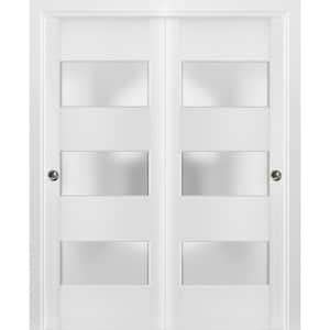 4070 84 in. x 96 in. 3-Panel White Finished Pine Wood Sliding Door with Bypass Closet Hardware