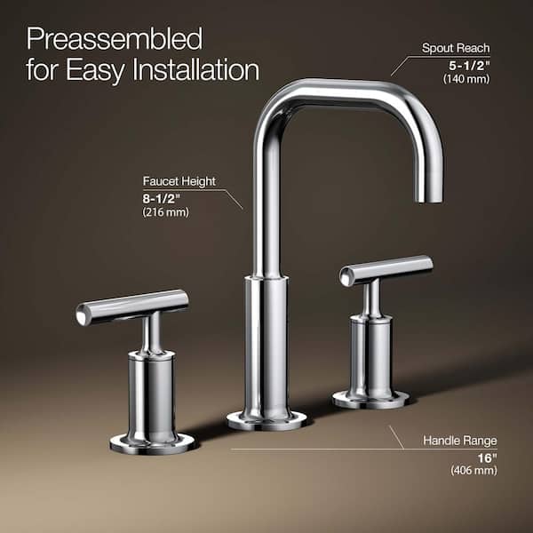 KOHLER Purist 8 in. Widespread 2-Handle Low-Arc Water-Saving Bathroom Faucet in Polished Chrome with Low Gooseneck Spout