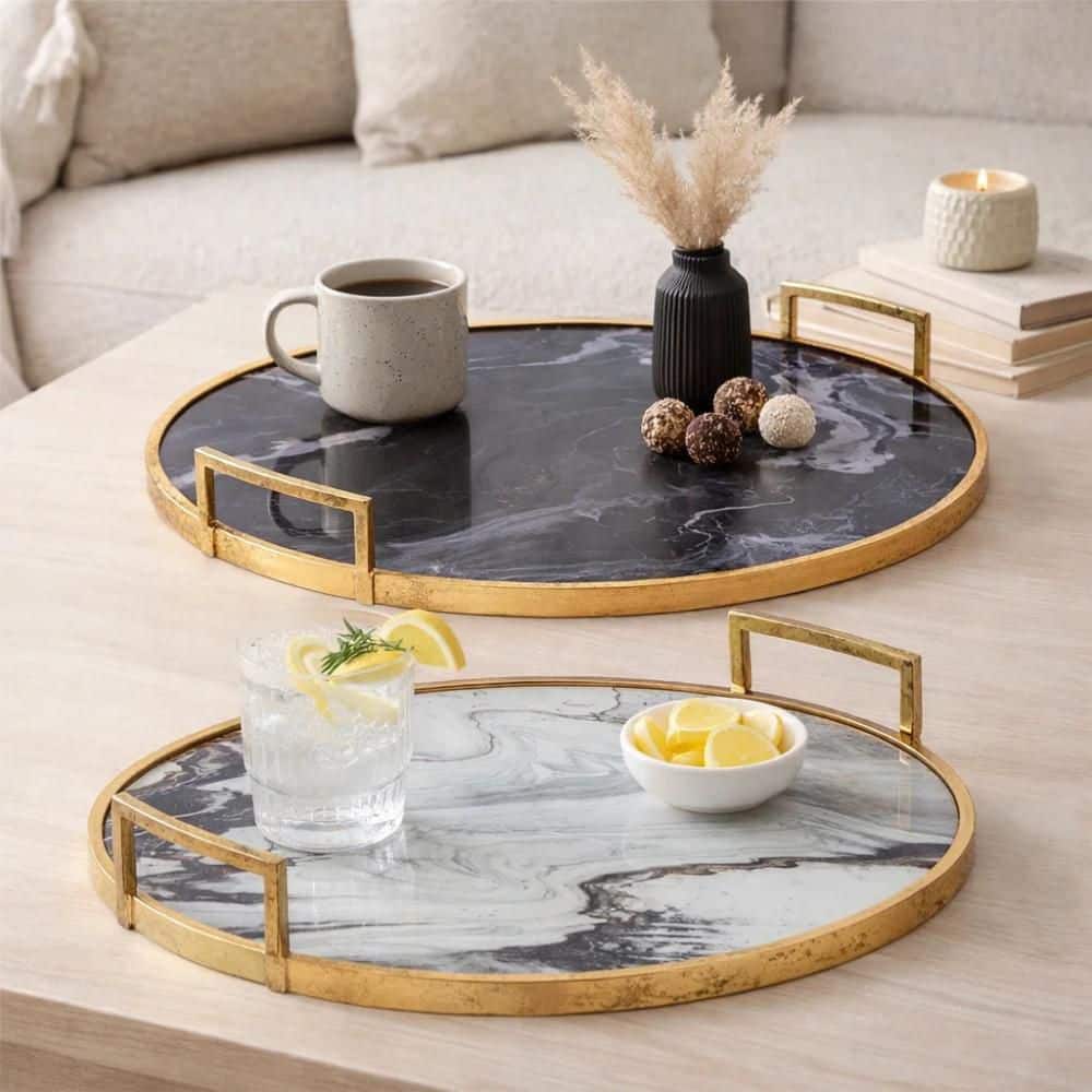 Black Round Wood 22.5 in. Decorative Tray (Set of 2)