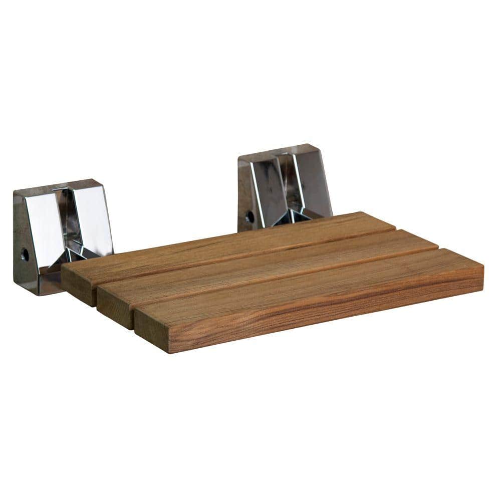 16 in. Teak Wall Mount Slatted Folding Shower Seat with Chrome Trim