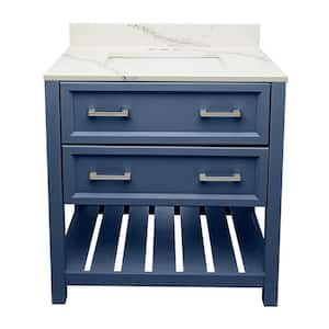 Tremblant 31 in. W x 22 in. D x 36 in. H Bath Vanity in Navy Blue with Quartz Stone Calacatta White Top, White Basin