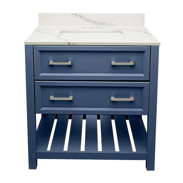 Tremblant 31 in. W x 22 in. D x 36 in. H Bath Vanity in Navy Blue with Quartz Stone Calacatta White Top, White Basin