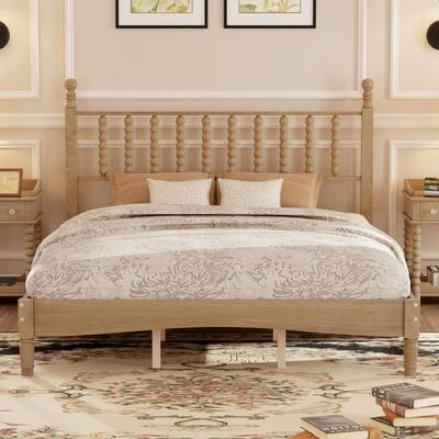 Yellow Natural Finish Wood Frame Queen Size Platform Bed with Gourd Headboard Retro Style Wooden Slat Support