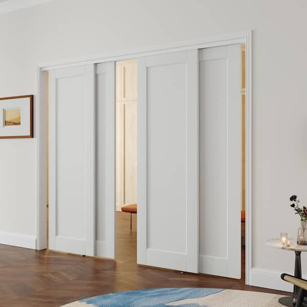 96 in. x 80 in. 1-Panel MDF Solid Core White PVC Covering Pre-Assembled Double Panel Sliding Door with All Hardware