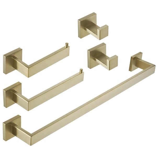 5-Piece Bathroom Hardware Set with Towel Bar Set, Stainless Steel Square Wall 5PCS Bathroom Accessories Set Brushed Gold