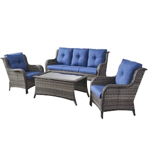 4-Piece Wicker Outdoor Patio Seating Conversation Set Sectional Sofa Glass Coffee Table with Blue Cushions