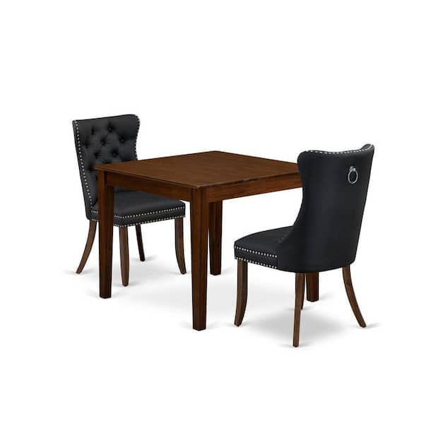 East West Furniture 3-Piece Antique Walnut Finish Square Solid Wood Top Dining Table Set