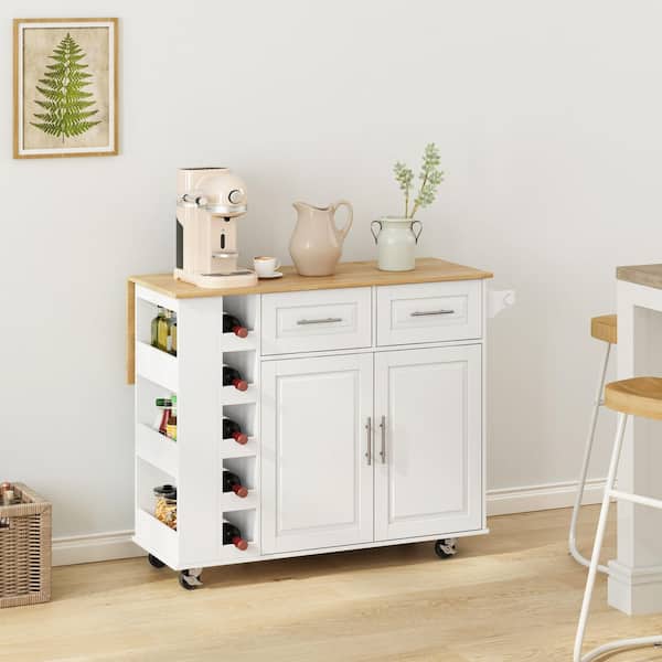 Unbranded White Rubber Wood Kitchen Cart with Wine Rack, and Foldable Table Top