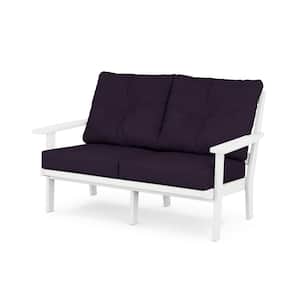 Oxford Deep Seating Plastic Outdoor Loveseat with in White/Navy Linen Cushions