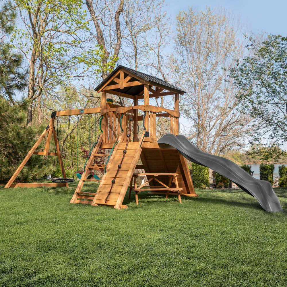 Backyard Discovery Endeavor II Outdoor Playground Set w/ Elevated Clubhouse, Climbing Wall, Gray Wave Slide, and Picnic Bench