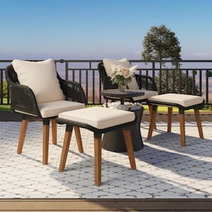 5-Pieces Black Wicker Outdoor Conversation Set with Beige Cushions, Table, Ottomans