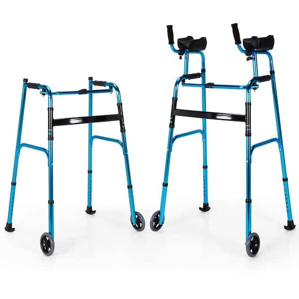 Costway Folding Wheel Walking Frame Adjustable Alloy Walker with Armrest Support