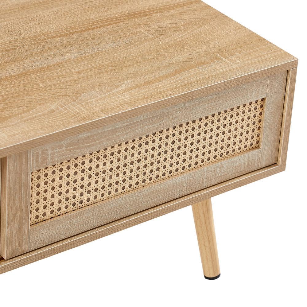 Natural Wood and MDF Rectangular Coffee Table with Rattan Detail