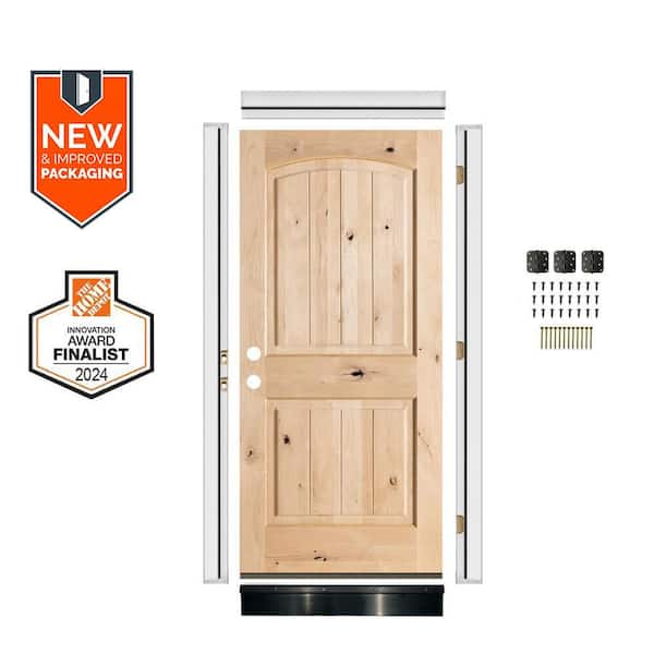 32in.x80in. Knotty Alder Right-Hand Arch VG Unfinished Single Wood Assembly Required Front Door Kit w/QuickAssembleJamb