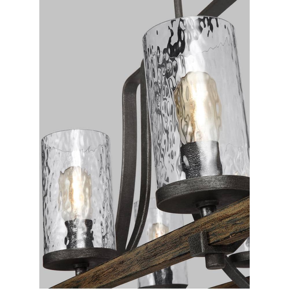 Rustic 8-Light Linear Chandelier in Distressed Weathered Oak and Slate Grey Metal