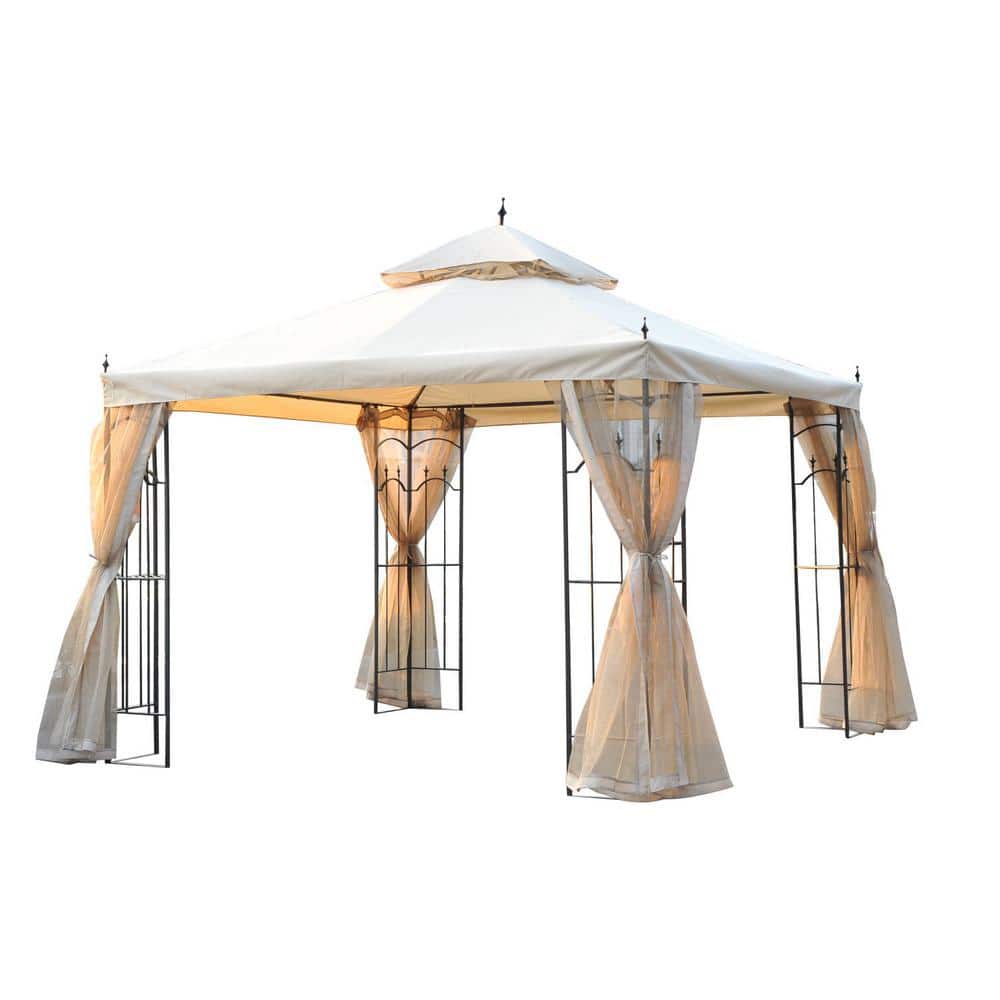 Steel Outdoor Garden Gazebo with Mesh Curtains, 10 x 10 ft