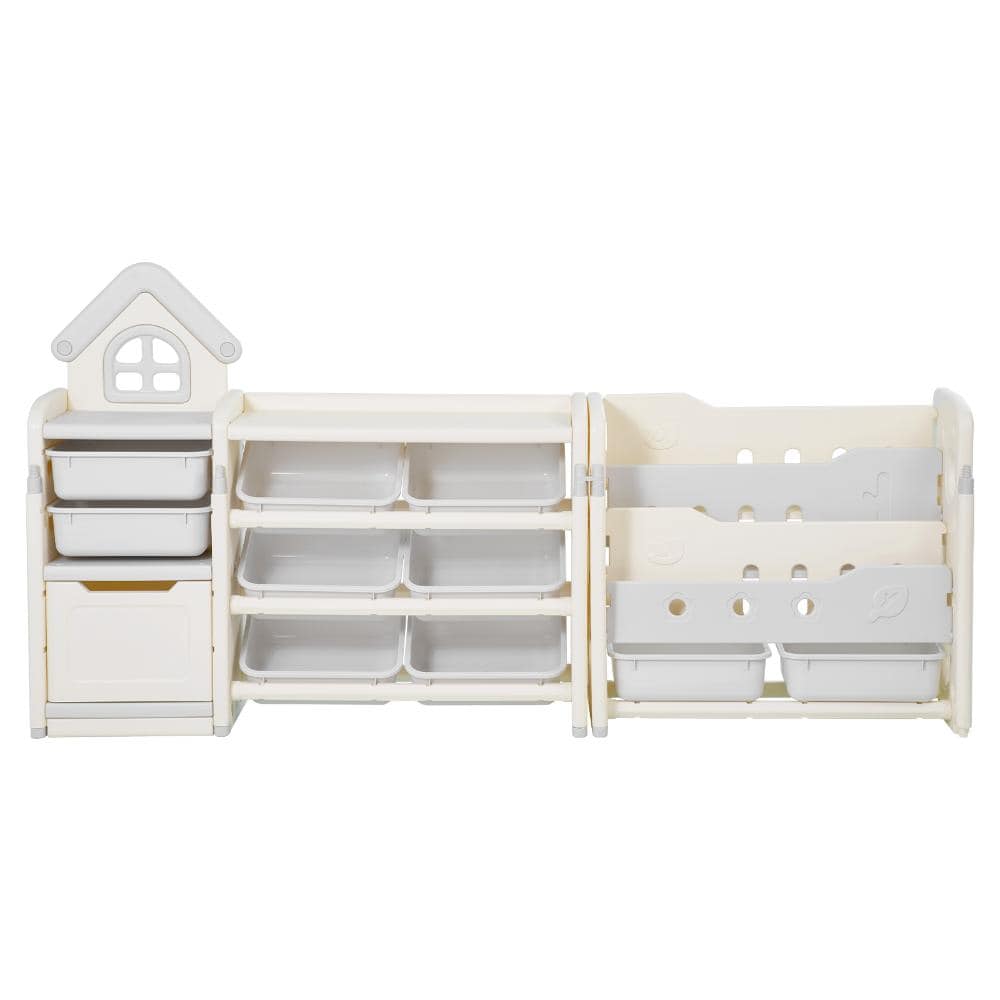 4-Tier Kids Toy Storage Organizer with Bookshelf and 10 Movable Bins, HDPE Cubby Cabinet for Playroom, Gray and Beige