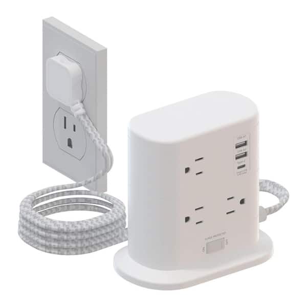 7-Outlet Power Strip Tower Surge Protector with 1600J, 1625W, 3-USB Ports and 6.5 ft. Flat Plug Cord for Home, White