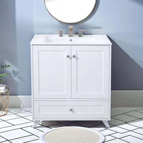 30 in. W Freestanding Bath Vanity in White with White Ceramic Top and Sink Unassembled