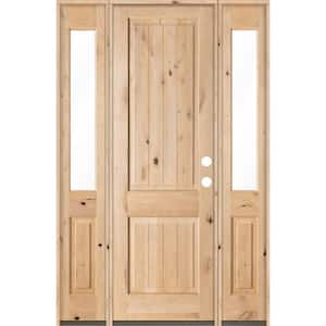 58 in. x 96 in. Rustic Unfinished Knotty Alder Sq-Top VG Wood Left-Hand Half Sidelites Clear Glass Prehung Front Door