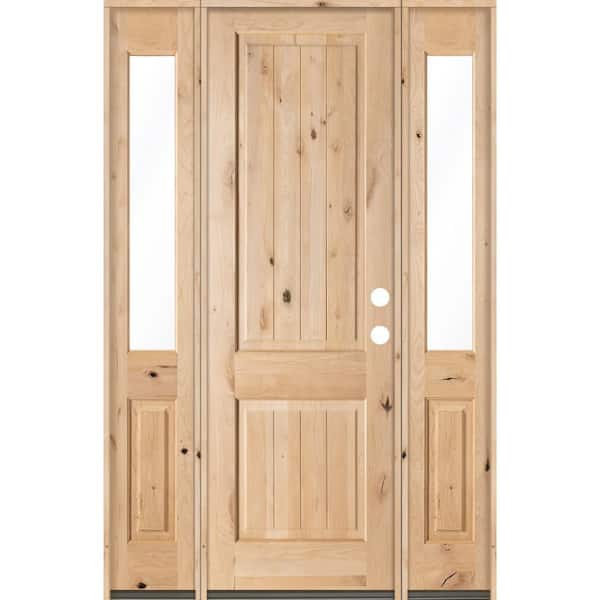 Krosswood Doors 58 in. x 96 in. Rustic Unfinished Knotty Alder Sq-Top VG Wood Left-Hand Half Sidelites Clear Glass Prehung Front Door
