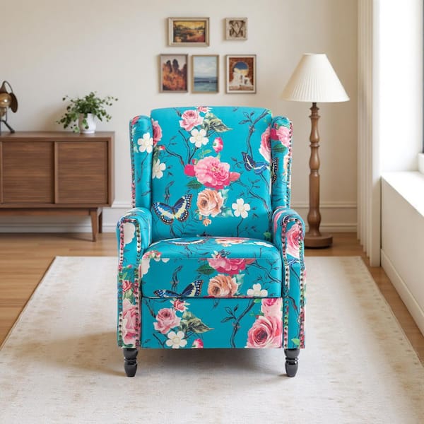Peacock Blue Linen Nailhead Trim Upholstered Manual Recliner Chair with Adjustable Footrest(Set of 1)