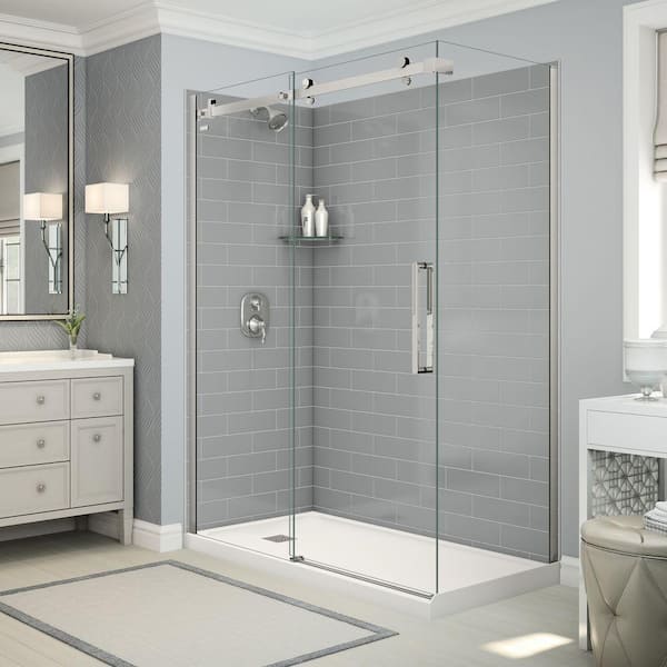 Utile Metro 32 in. x 60 in. x 83.5 in. Left Drain Corner Shower Kit in Ash Grey with Chrome Shower Door
