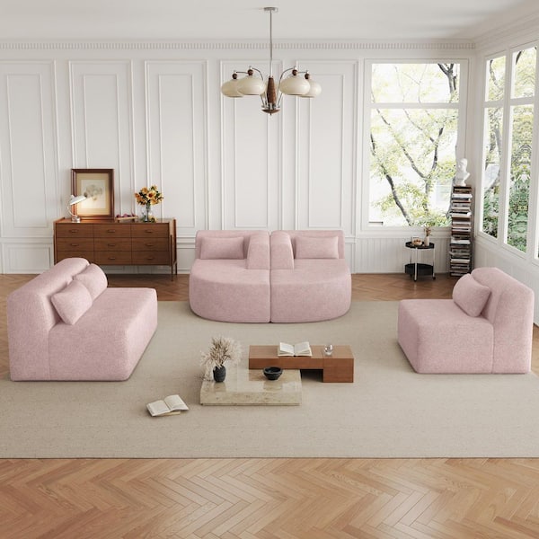 144 in. Armless Boucle Fabric Upholstered Free-Combined Modular Sofa in Pink