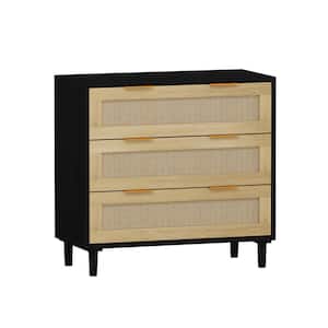 31.5 in. W x 15.55 in. D x 30.12 in. H Black Linen Cabinet 3-Drawers Rattan Storage Cabinet Rattan Drawer