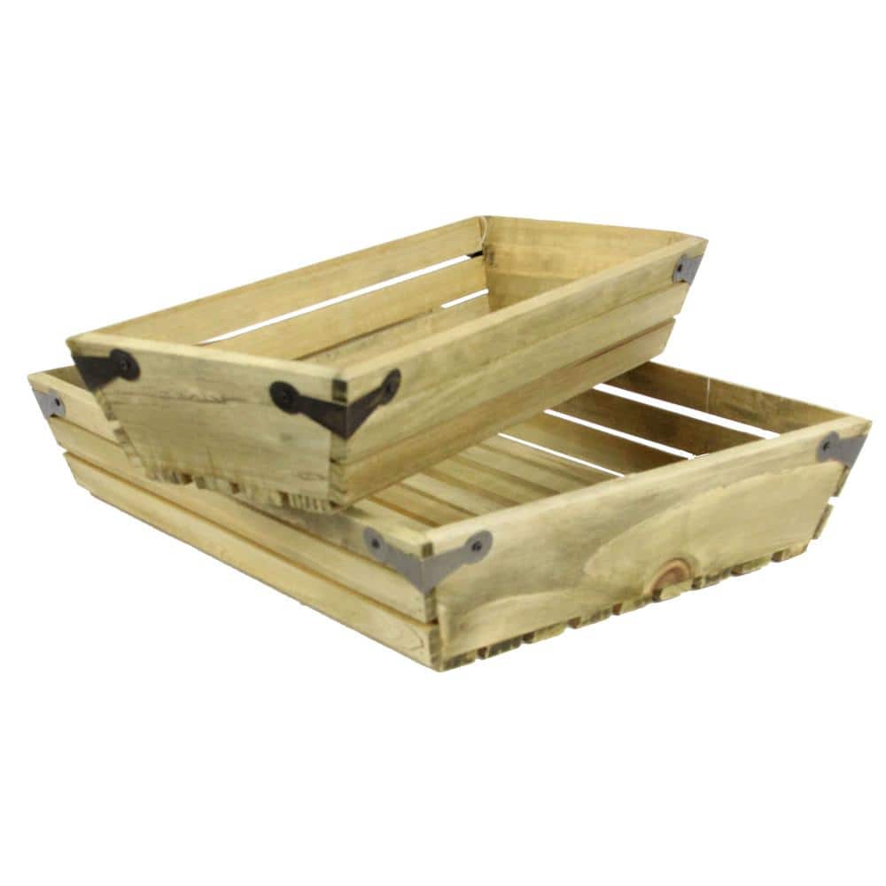 Natural Wood Small Shallow Rectangle Crate with Metal Corner Design (Set of