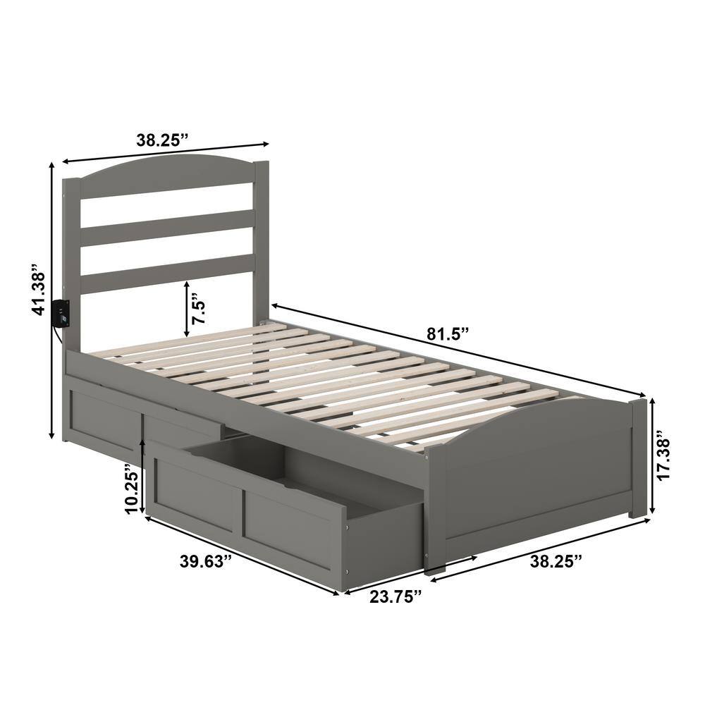 Gray Twin Wood Platform Bed with Storage Drawers
