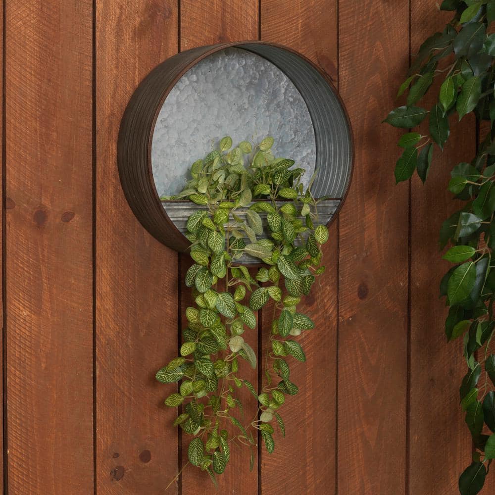 15.7" Silver Galvanized Metal Round Hanging Planter