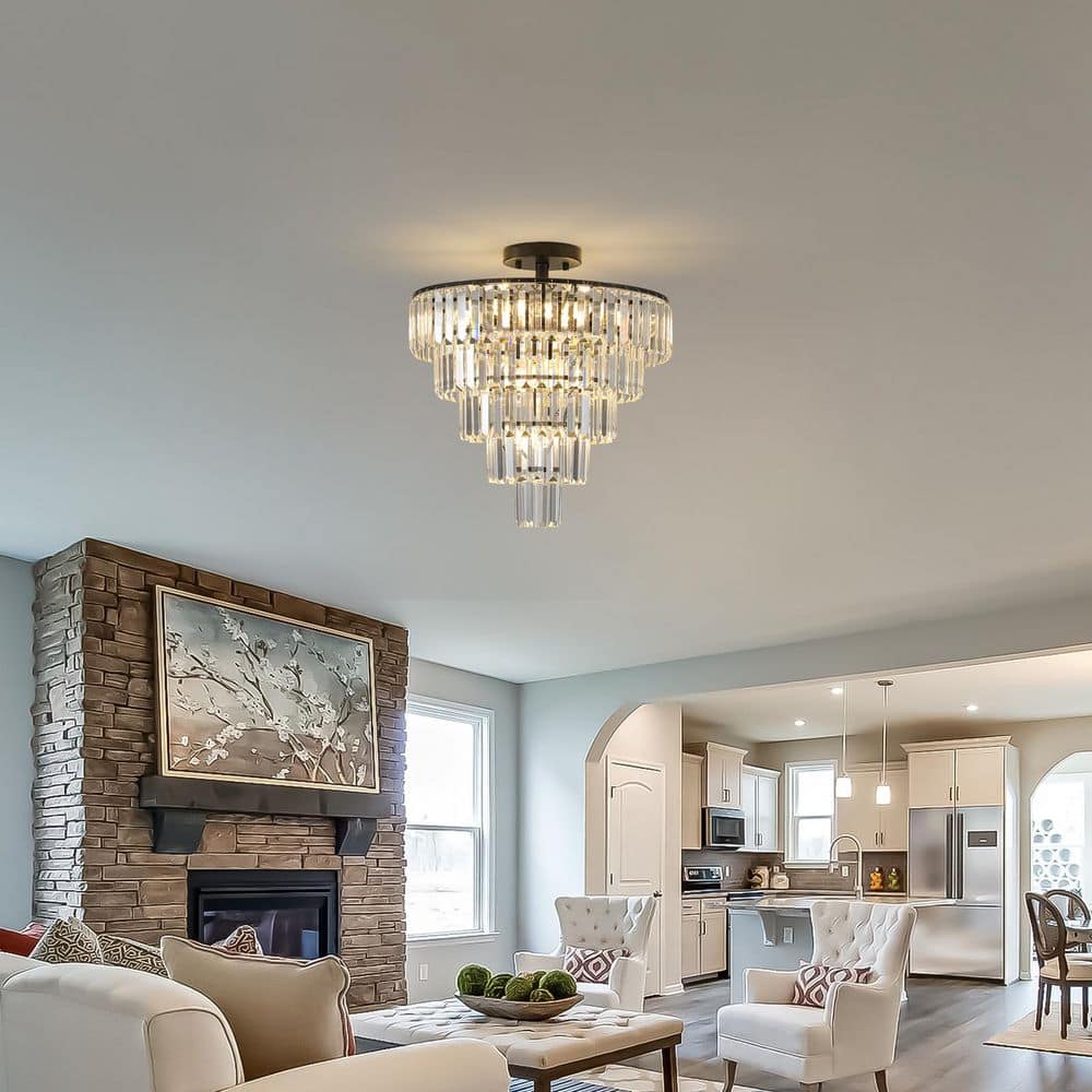 12-Light Black Round Crystal Chandelier Modern Semi Flush Mount Lighting, Luxury Hanging Light for Living Room price history on PriceWatchPro