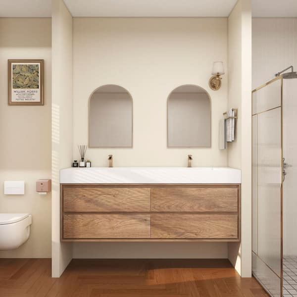 Saggie 71 in. W. x 20 in. D x 28 in. H Double Sink Floating Bath Vanity in Teak Oak with White Acrylic Top