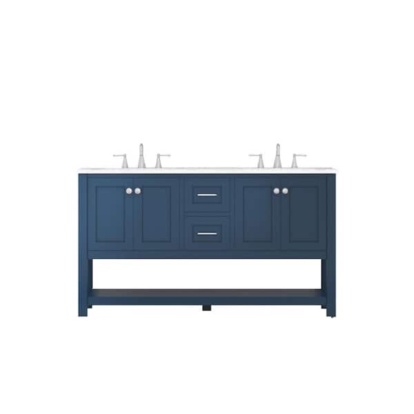 Alya Bath Wilmington 60 in. W x 34.2 in. H x 22 in. D Bath Vanity in Blue with Marble Vanity Top in White with White Basin