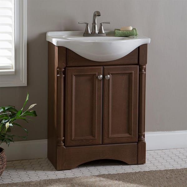 Glacier Bay Valencia 27 in. W x 18 in. D x 36 in. H Single Sink Freestanding Bath Vanity in Butterscotch with White Porcelain Top