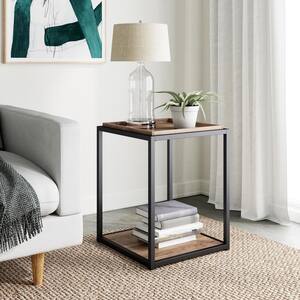 Nash 22 in. Rustic Oak Accent End Table or Modern Side Table with Tray Top Shelves and Matte Black Metal Frame