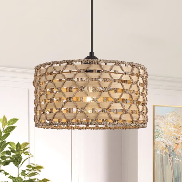 1-Light Farmhouse Natural Wicker Hand-Woven Rattan Hanging Pendant Light