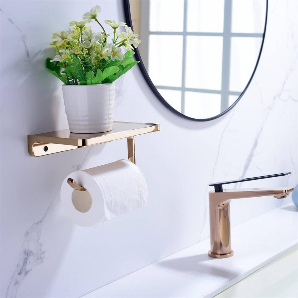 Rose Gold Wall Mounted Toilet Paper Holder with Shelf