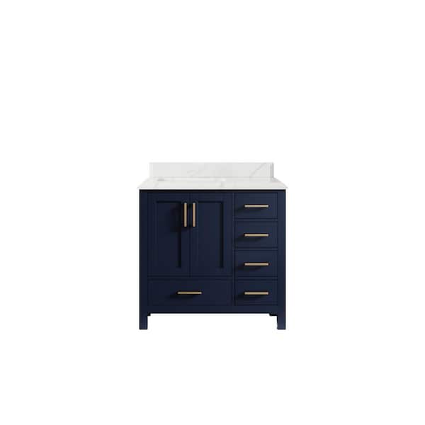 Willow Collections Malibu 36 in. W x 22 in. D x 36 in. H Left Offset Sink Bath Vanity in Navy Blue with Cove Edge Calacatta Quartz Top