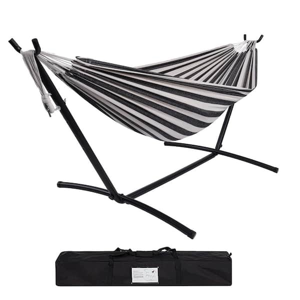 AURA OUTDOOR 9 ft. Fabric Double Hammock with Steel Stand, Portable Carrying Case and Pillow, 450 lbs. Capacity, Black Stripe