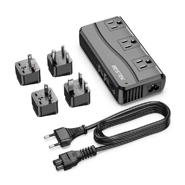 3-Outlet Power Strip Surge Protector Voltage Converter Travel Adapter with 4-USB-A Ports and 4-Plugs, Black
