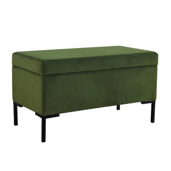 Benjara Ray Forest Green and Black Velvet Rectangle Storage Ottoman