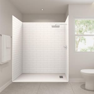 72 in. L x 36 in. W x 84 in. H Solid Composite Stone Alcove Shower Kit w/ Subway Walls & L/R White Sand Shower Pan Base
