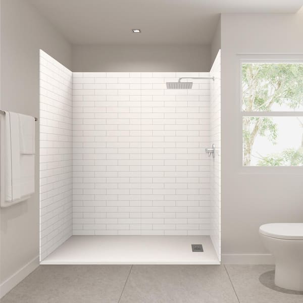 CASTICO 72 in. x 36 in. x 84 in. Solid Composite Stone Alcove Shower Kit - Subway Shower Walls and L/R WH Sand Shower Pan Base
