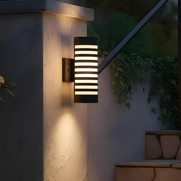 11.81 in. 2-Light Black Cylinder Modern E26 Base LED Indoor/Outdoor Porch Light Wall Lantern Sconce