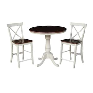 3-Piece Set, Almond and Espresso Solid Wood 36 in. Round Gathering Height Table and 2-Counter Height X Back Stools