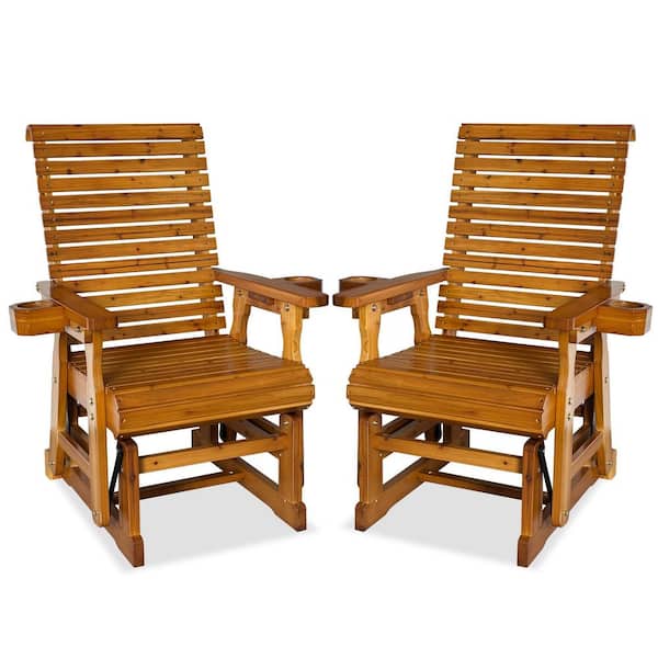 2-Piece Solid Fir Wood Outdoor Glider with High Back, Deep Contoured Seat and Cup Holders, All-Weather Resistant, Brown