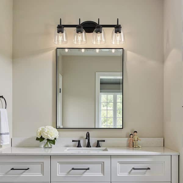 25 in. 4-Light Matte Black Modern Vanity Light for Bathroom, Fixture with Seeded Glass Shade for Mirror or Dressing
